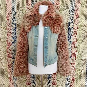 Vintage Y2K Fornarina Denim Jacket Shaggy Puffy Faux Fur Trim Penny Lane Coat